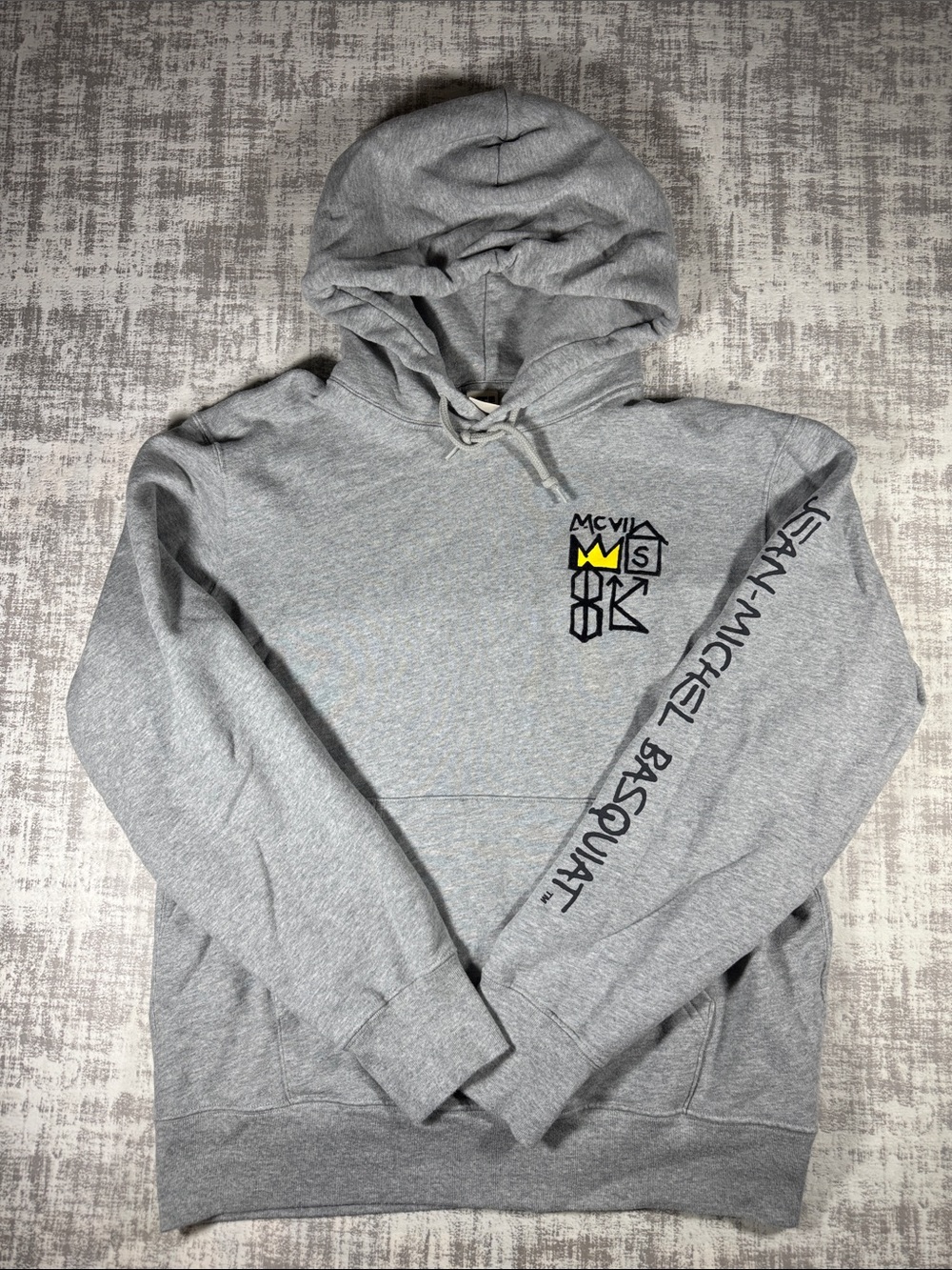 JEAN MIXHEL BASQUIT Hoodie with Gray &  Logo and Sleeve Text SZ L 25.5X23.5 PTP